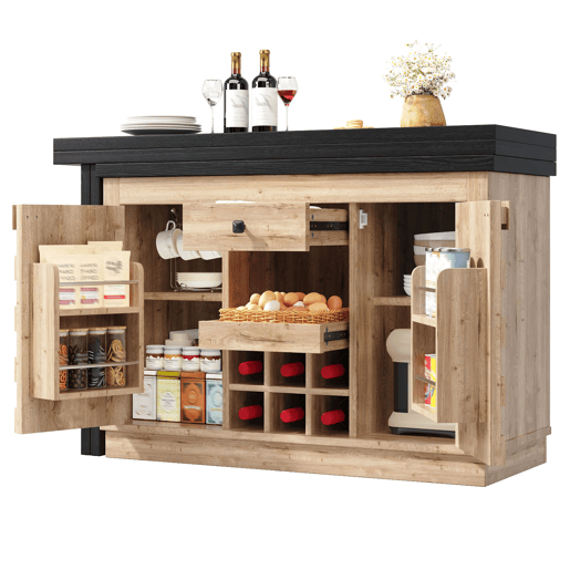 Ilha de cozinha giratória a 360°, 120-197 cm u2014 com portas em patchwork, suporte para garrafas extraível e gavetas u2014 Carvalho claroPreto