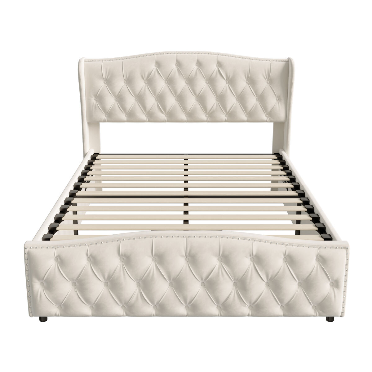 Cama tapizada de 140x190 cm con cajón de almacenamiento, sistema hidráulico, cabecero y piecero tapizados con capitoné, somier de láminas de metal y
