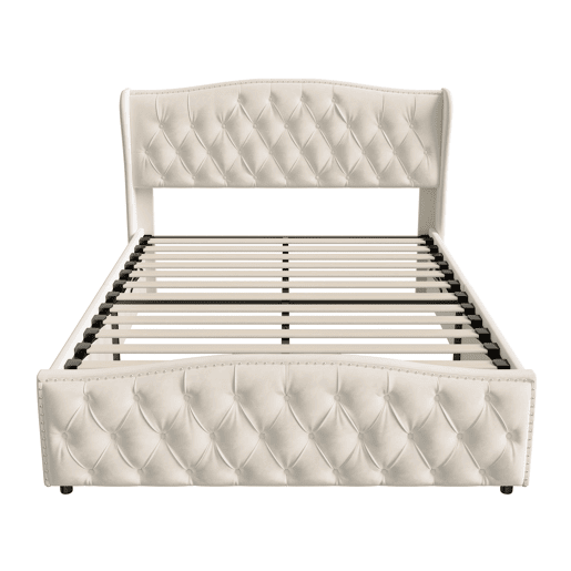Cama estofada de 140x190 cm com baú, função hidráulica, cabeceira e peseira estofadas com capitonê, estrado de ripas de metal e madeira, veludo, bege Cama estofada de 140x190 cm com baú, função hidráulica, cabeceira e peseira estofadas com capitonê, estrado de ripas de metal e madeira, veludo, bege