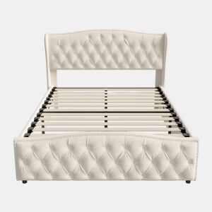 Cama estofada de 140x190 cm com baú, função hidráulica, cabeceira e peseira estofadas com capitonê, estrado de ripas de metal e madeira, veludo, bege