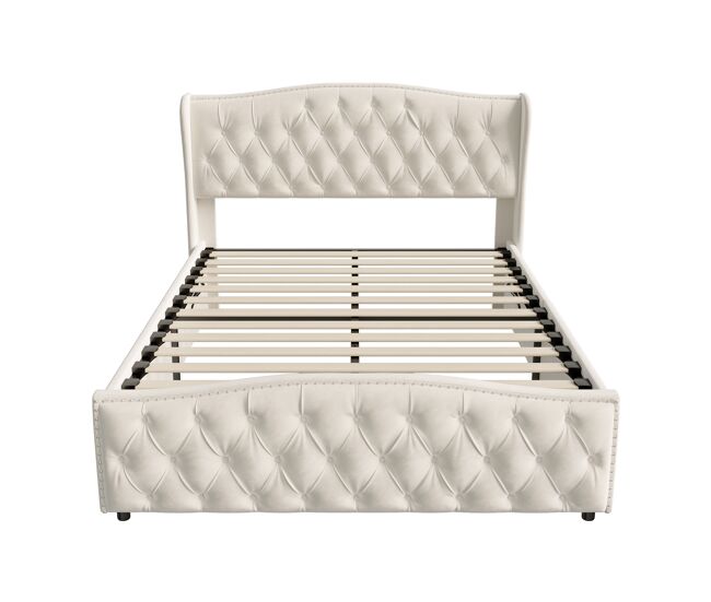 Cama tapizada de 140x190 cm con cajón de almacenamiento, sistema hidráulico, cabecero y piecero tapizados con capitoné, somier de láminas de metal y