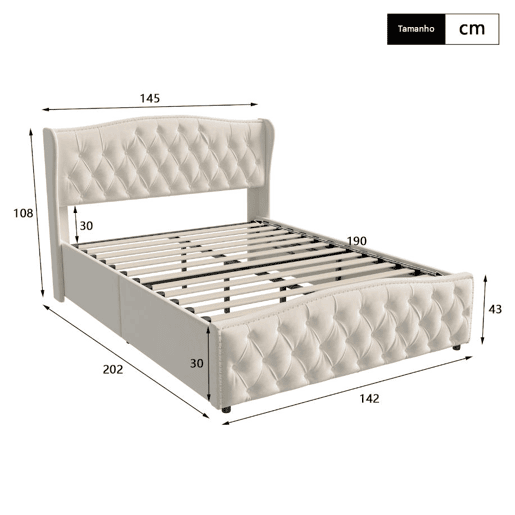 Cama estofada de 140x190 cm com baú, função hidráulica, cabeceira e peseira estofadas com capitonê, estrado de ripas de metal e madeira, veludo, bege Cama estofada de 140x190 cm com baú, função hidráulica, cabeceira e peseira estofadas com capitonê, estrado de ripas de metal e madeira, veludo, bege