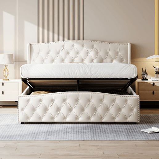 Cama estofada de 140x190 cm com baú, função hidráulica, cabeceira e peseira estofadas com capitonê, estrado de ripas de metal e madeira, veludo, bege Cama estofada de 140x190 cm com baú, função hidráulica, cabeceira e peseira estofadas com capitonê, estrado de ripas de metal e madeira, veludo, bege