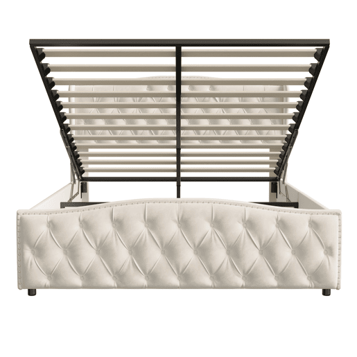 Cama estofada de 140x190 cm com baú, função hidráulica, cabeceira e peseira estofadas com capitonê, estrado de ripas de metal e madeira, veludo, bege Cama estofada de 140x190 cm com baú, função hidráulica, cabeceira e peseira estofadas com capitonê, estrado de ripas de metal e madeira, veludo, bege