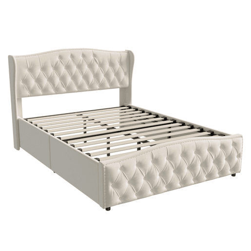 Cama estofada de 140x190 cm com baú, função hidráulica, cabeceira e peseira estofadas com capitonê, estrado de ripas de metal e madeira, veludo, bege Cama estofada de 140x190 cm com baú, função hidráulica, cabeceira e peseira estofadas com capitonê, estrado de ripas de metal e madeira, veludo, bege
