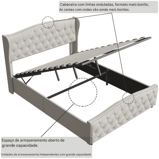 Cama estofada de 140x190 cm com baú, função hidráulica, cabeceira e peseira estofadas com capitonê, estrado de ripas de metal e madeira, veludo, bege Cama estofada de 140x190 cm com baú, função hidráulica, cabeceira e peseira estofadas com capitonê, estrado de ripas de metal e madeira, veludo, bege
