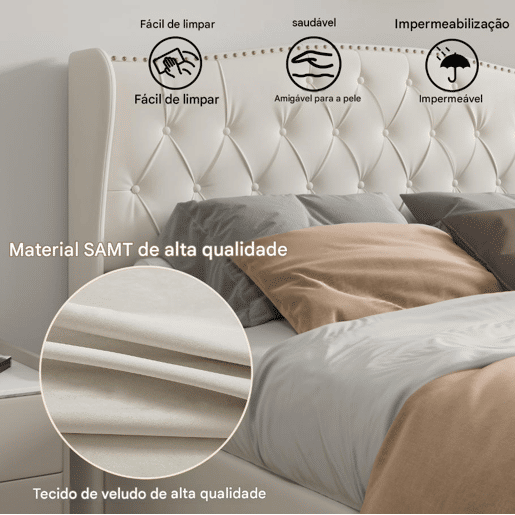 Cama estofada de 140x190 cm com baú, função hidráulica, cabeceira e peseira estofadas com capitonê, estrado de ripas de metal e madeira, veludo, bege Cama estofada de 140x190 cm com baú, função hidráulica, cabeceira e peseira estofadas com capitonê, estrado de ripas de metal e madeira, veludo, bege