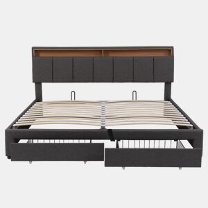 Cama de casal 180x200 cm cinza com LED, 2 gavetas e espaço para arrumação, roupa de cama incluída, estrado de ripas incluído.