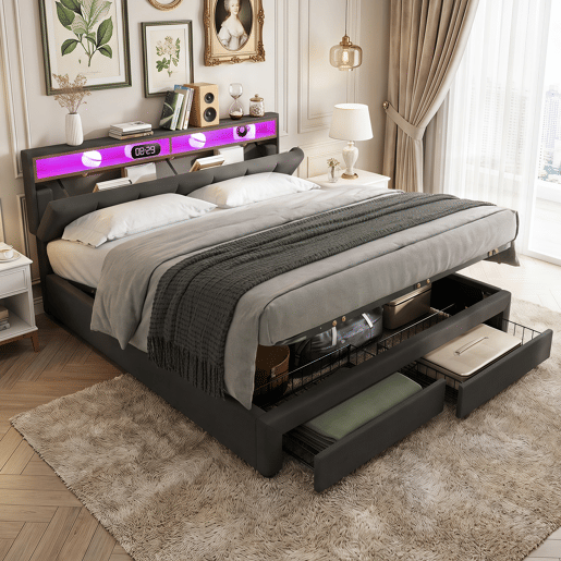 Cama de casal 180x200 cm cinza com LED, 2 gavetas e espaço para arrumação, roupa de cama incluída, estrado de ripas incluído. Cama de casal 180x200 cm cinza com LED, 2 gavetas e espaço para arrumação, roupa de cama incluída, estrado de ripas incluído.