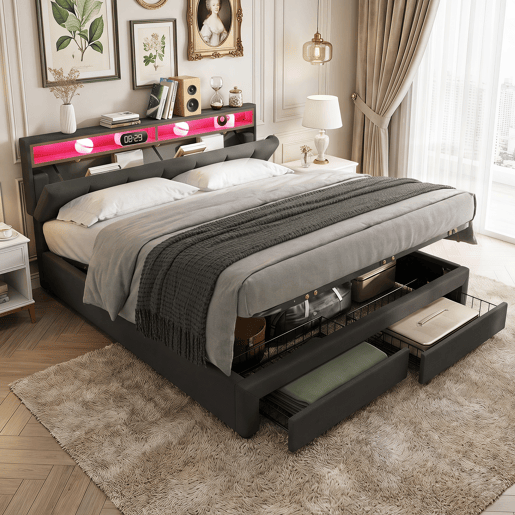 Cama de casal 180x200 cm cinza com LED, 2 gavetas e espaço para arrumação, roupa de cama incluída, estrado de ripas incluído. Cama de casal 180x200 cm cinza com LED, 2 gavetas e espaço para arrumação, roupa de cama incluída, estrado de ripas incluído.
