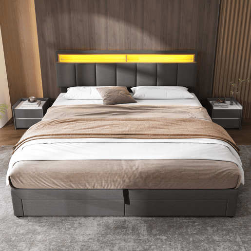 Cama de casal 180x200 cm cinza com LED, 2 gavetas e espaço para arrumação, roupa de cama incluída, estrado de ripas incluído. Cama de casal 180x200 cm cinza com LED, 2 gavetas e espaço para arrumação, roupa de cama incluída, estrado de ripas incluído.
