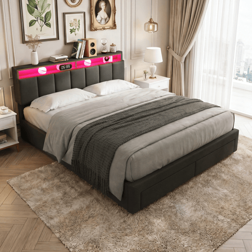 Cama de casal 180x200 cm cinza com LED, 2 gavetas e espaço para arrumação, roupa de cama incluída, estrado de ripas incluído. Cama de casal 180x200 cm cinza com LED, 2 gavetas e espaço para arrumação, roupa de cama incluída, estrado de ripas incluído.