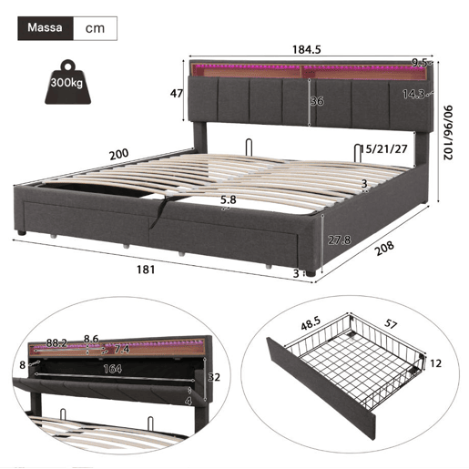 Cama de casal 180x200 cm cinza com LED, 2 gavetas e espaço para arrumação, roupa de cama incluída, estrado de ripas incluído. Cama de casal 180x200 cm cinza com LED, 2 gavetas e espaço para arrumação, roupa de cama incluída, estrado de ripas incluído.