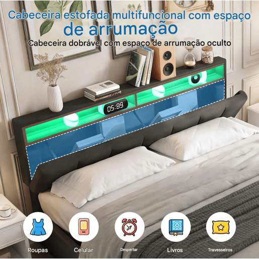 Cama de casal 180x200 cm cinza com LED, 2 gavetas e espaço para arrumação, roupa de cama incluída, estrado de ripas incluído. Cama de casal 180x200 cm cinza com LED, 2 gavetas e espaço para arrumação, roupa de cama incluída, estrado de ripas incluído.