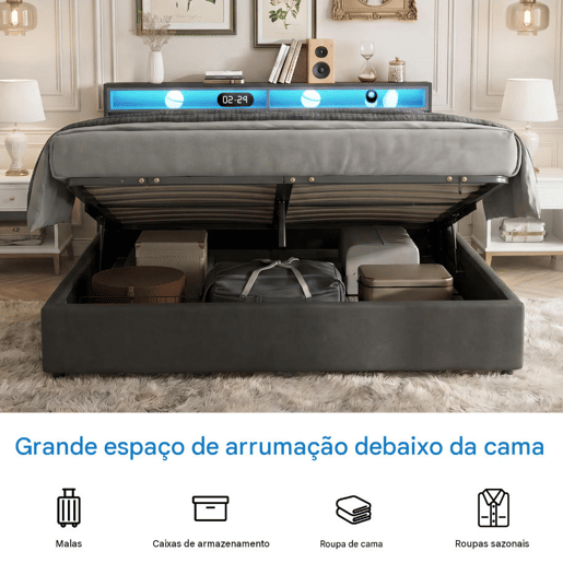 Cama de casal 180x200 cm cinza com LED, 2 gavetas e espaço para arrumação, roupa de cama incluída, estrado de ripas incluído. Cama de casal 180x200 cm cinza com LED, 2 gavetas e espaço para arrumação, roupa de cama incluída, estrado de ripas incluído.