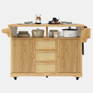 Carrinho de cozinha de 95 cm u2013 dobrável, com gavetas de rattan PE, altura ergonómica, com rodas, para cozinha, varanda e campismo u2013 madeira natural