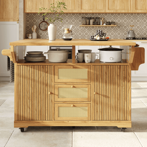 Carrinho de cozinha de 95 cm u2013 dobrável, com gavetas de rattan PE, altura ergonómica, com rodas, para cozinha, varanda e campismo u2013 madeira natural Carrinho de cozinha de 95 cm u2013 dobrável, com gavetas de rattan PE, altura ergonómica, com rodas, para cozinha, varanda e campismo u2013 madeira natural