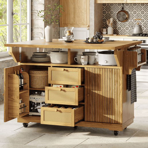 Carrinho de cozinha de 95 cm u2013 dobrável, com gavetas de rattan PE, altura ergonómica, com rodas, para cozinha, varanda e campismo u2013 madeira natural Carrinho de cozinha de 95 cm u2013 dobrável, com gavetas de rattan PE, altura ergonómica, com rodas, para cozinha, varanda e campismo u2013 madeira natural