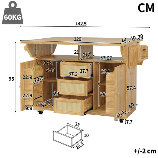 Carrinho de cozinha de 95 cm u2013 dobrável, com gavetas de rattan PE, altura ergonómica, com rodas, para cozinha, varanda e campismo u2013 madeira natural Carrinho de cozinha de 95 cm u2013 dobrável, com gavetas de rattan PE, altura ergonómica, com rodas, para cozinha, varanda e campismo u2013 madeira natural