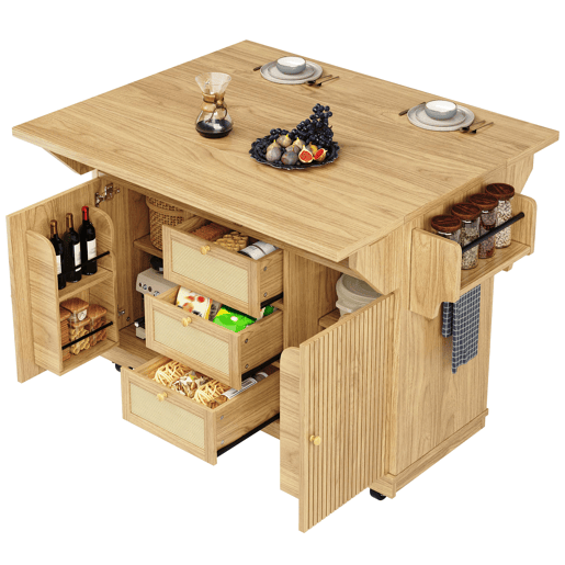 Carrinho de cozinha de 95 cm u2013 dobrável, com gavetas de rattan PE, altura ergonómica, com rodas, para cozinha, varanda e campismo u2013 madeira natural Carrinho de cozinha de 95 cm u2013 dobrável, com gavetas de rattan PE, altura ergonómica, com rodas, para cozinha, varanda e campismo u2013 madeira natural