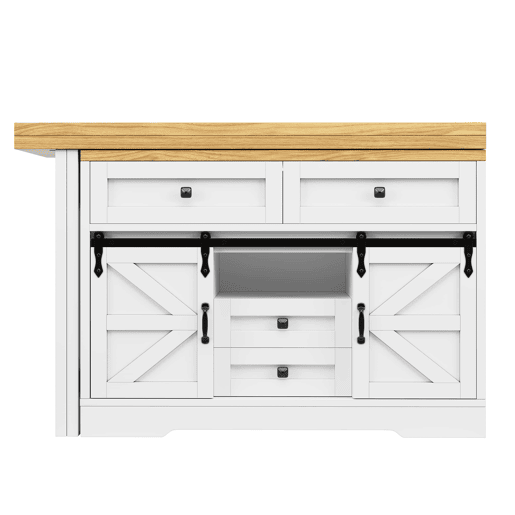 Ilha de cozinha com mesa de jantar u2013 design 2 em 1, painéis giratórios a 360°, gavetas ocultas e porta tipo celeiro u2013 Branco