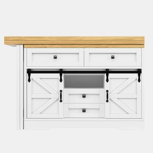 Ilha de cozinha com mesa de jantar u2013 design 2 em 1, painéis giratórios a 360°, gavetas ocultas e porta tipo celeiro u2013 Branco