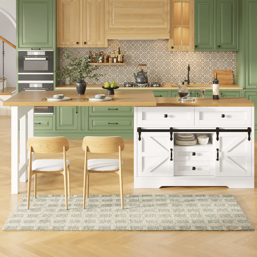 Ilha de cozinha com mesa de jantar u2013 design 2 em 1, painéis giratórios a 360°, gavetas ocultas e porta tipo celeiro u2013 Branco