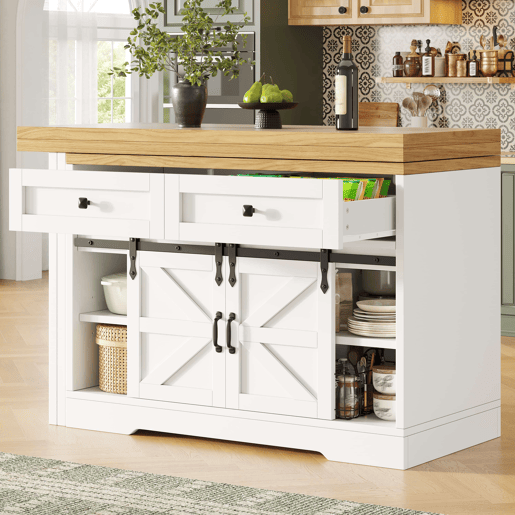 Ilha de cozinha com mesa de jantar u2013 design 2 em 1, painéis giratórios a 360°, gavetas ocultas e porta tipo celeiro u2013 Branco