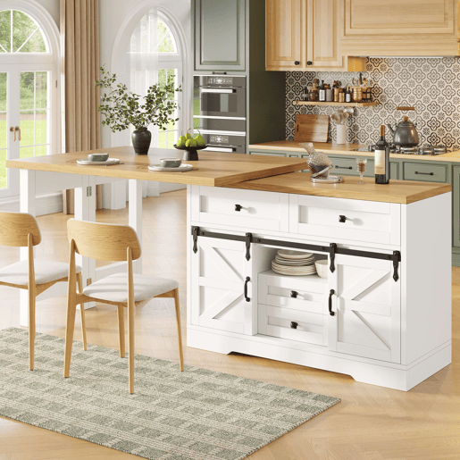 Ilha de cozinha com mesa de jantar u2013 design 2 em 1, painéis giratórios a 360°, gavetas ocultas e porta tipo celeiro u2013 Branco