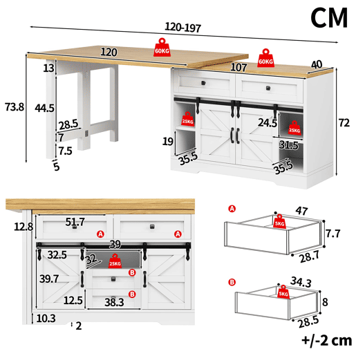 Ilha de cozinha com mesa de jantar u2013 design 2 em 1, painéis giratórios a 360°, gavetas ocultas e porta tipo celeiro u2013 Branco