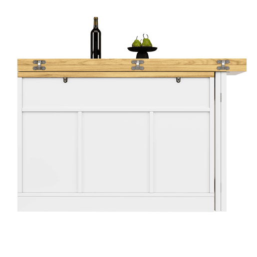 Ilha de cozinha com mesa de jantar u2013 design 2 em 1, painéis giratórios a 360°, gavetas ocultas e porta tipo celeiro u2013 Branco