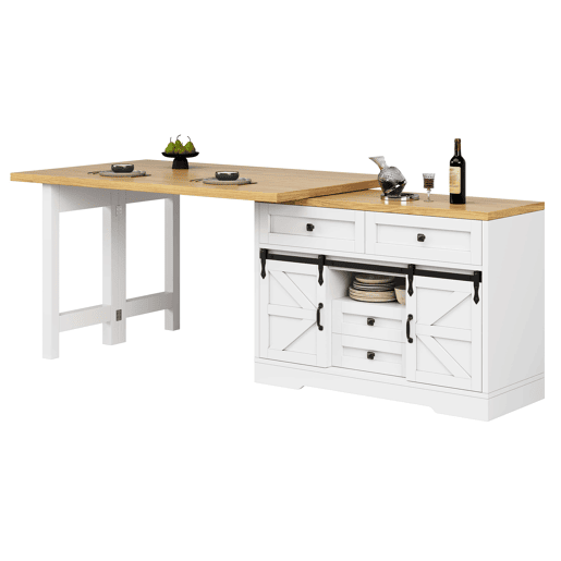 Ilha de cozinha com mesa de jantar u2013 design 2 em 1, painéis giratórios a 360°, gavetas ocultas e porta tipo celeiro u2013 Branco