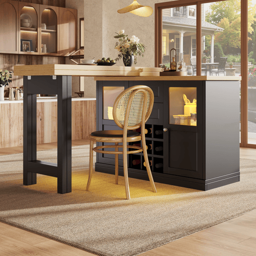 Mesa de jantar extensível 120-197 cm - LED de 3 cores, giratória a 360°, com espaço de arrumação e suporte para garrafas - Preto
