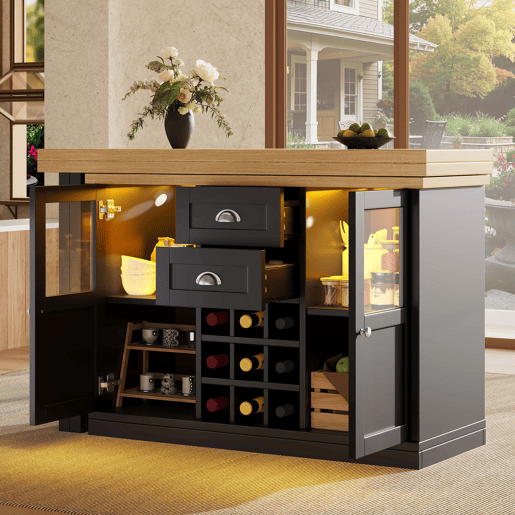 Mesa de jantar extensível 120-197 cm - LED de 3 cores, giratória a 360°, com espaço de arrumação e suporte para garrafas - Preto