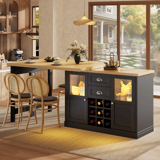 Mesa de jantar extensível 120-197 cm - LED de 3 cores, giratória a 360°, com espaço de arrumação e suporte para garrafas - Preto