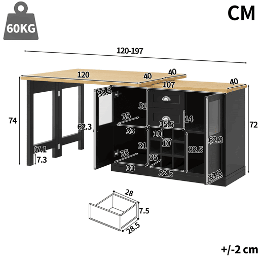 Mesa de jantar extensível 120-197 cm - LED de 3 cores, giratória a 360°, com espaço de arrumação e suporte para garrafas - Preto