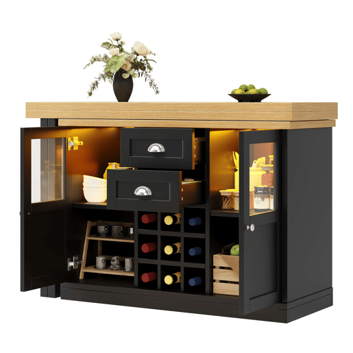 Mesa de jantar extensível 120-197 cm - LED de 3 cores, giratória a 360°, com espaço de arrumação e suporte para garrafas - Preto