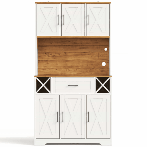 Armário de cozinha 180 x 105 x 40 cm u2013 com iluminação LED, prateleiras para vinho, vitrina e muito espaço de arrumação u2013 natural e branco Armário de cozinha 180 x 105 x 40 cm u2013 com iluminação LED, prateleiras para vinho, vitrina e muito espaço de arrumação u2013 natural e branco