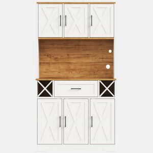 Armário de cozinha 180 x 105 x 40 cm u2013 com iluminação LED, prateleiras para vinho, vitrina e muito espaço de arrumação u2013 natural e branco