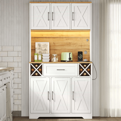Armário de cozinha 180 x 105 x 40 cm u2013 com iluminação LED, prateleiras para vinho, vitrina e muito espaço de arrumação u2013 natural e branco Armário de cozinha 180 x 105 x 40 cm u2013 com iluminação LED, prateleiras para vinho, vitrina e muito espaço de arrumação u2013 natural e branco