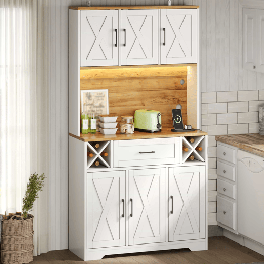Armário de cozinha 180 x 105 x 40 cm u2013 com iluminação LED, prateleiras para vinho, vitrina e muito espaço de arrumação u2013 natural e branco Armário de cozinha 180 x 105 x 40 cm u2013 com iluminação LED, prateleiras para vinho, vitrina e muito espaço de arrumação u2013 natural e branco