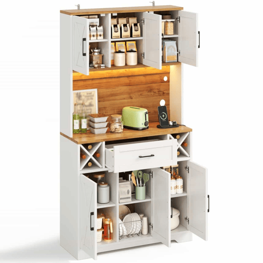 Armário de cozinha 180 x 105 x 40 cm u2013 com iluminação LED, prateleiras para vinho, vitrina e muito espaço de arrumação u2013 natural e branco Armário de cozinha 180 x 105 x 40 cm u2013 com iluminação LED, prateleiras para vinho, vitrina e muito espaço de arrumação u2013 natural e branco