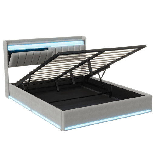 Cama, luzes LED, portas USB e espaço de armazenamento.