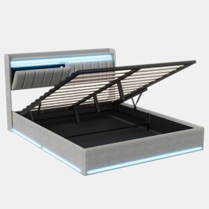 Cama, luzes LED, portas USB e espaço de armazenamento.