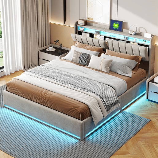 Cama, luzes LED, portas USB e espaço de armazenamento.