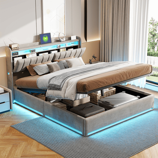 Cama, luzes LED, portas USB e espaço de armazenamento.