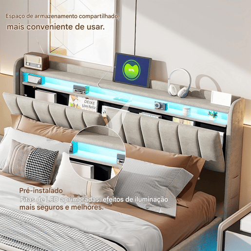 Cama, luzes LED, portas USB e espaço de armazenamento.