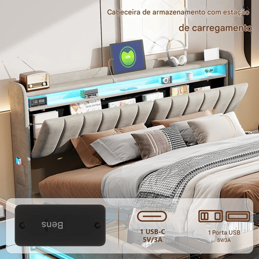 Cama, luzes LED, portas USB e espaço de armazenamento.