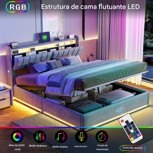 Cama, luzes LED, portas USB e espaço de armazenamento.