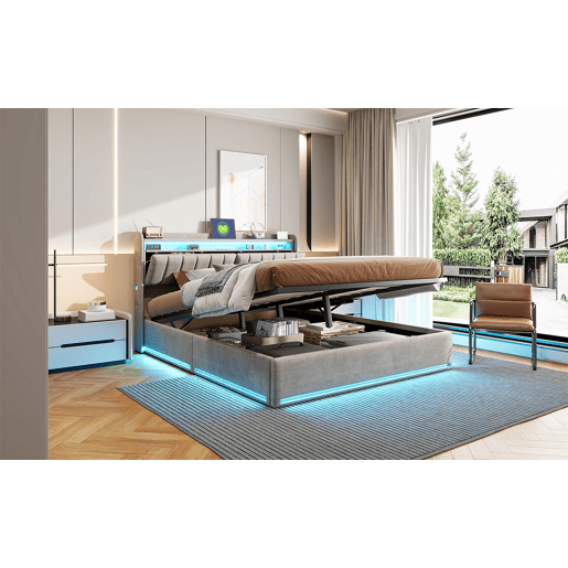 Cama, luzes LED, portas USB e espaço de armazenamento.